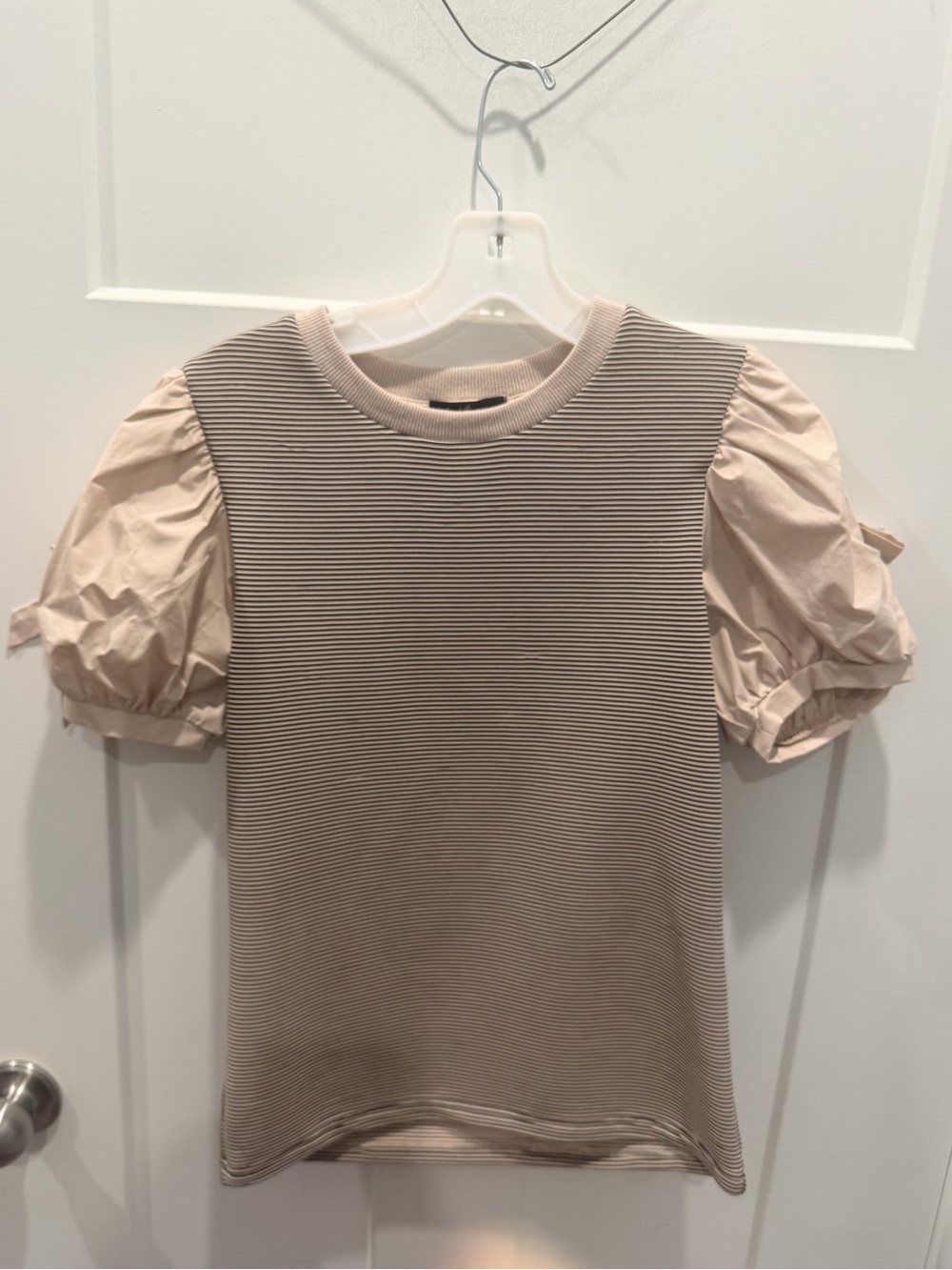 On Twelfth Small Striped Puff Sleeve Mixed Media Top Beige Black